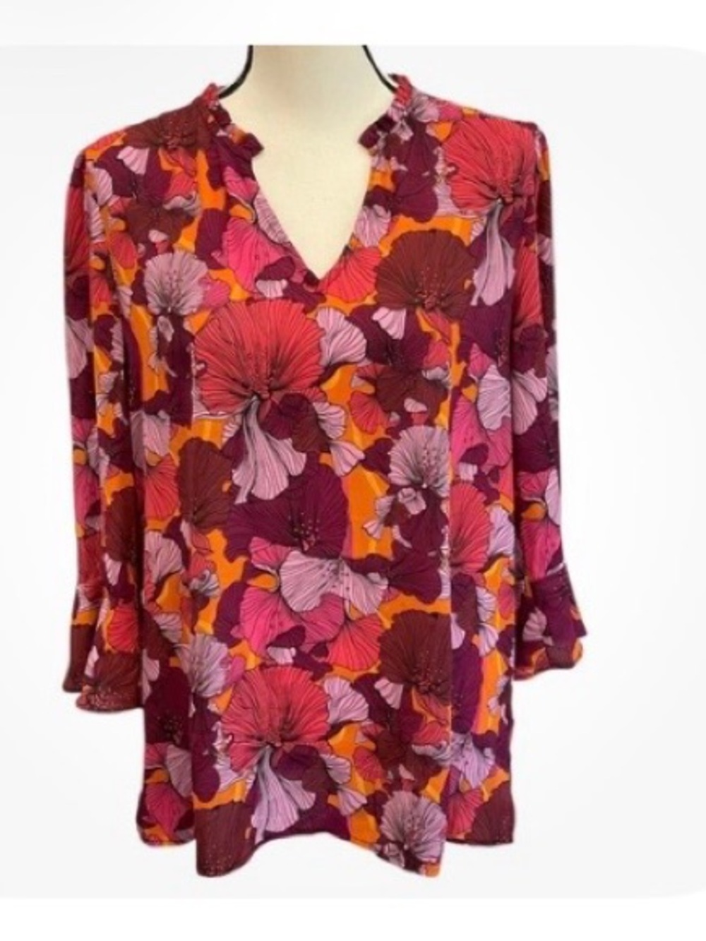The Pioneer Woman Floral V-Neck Blouse in Pink, Orange and Maroon